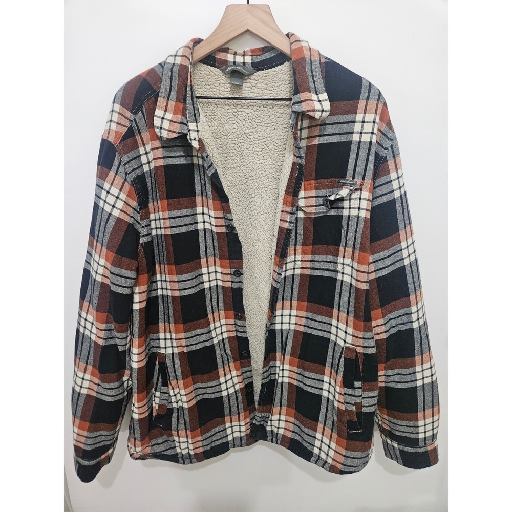 Eddie Bauer Mens 2XL Sherpa Lined Flannel Shirt Jacket Orange Black Plaid Pocket